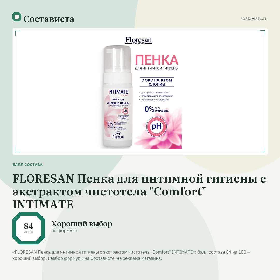 FLORESAN Пенка для интимной гигиены с экстрактом чистотела "Comfort" INTIMATE: балл состава 84 из 100 — Состависта