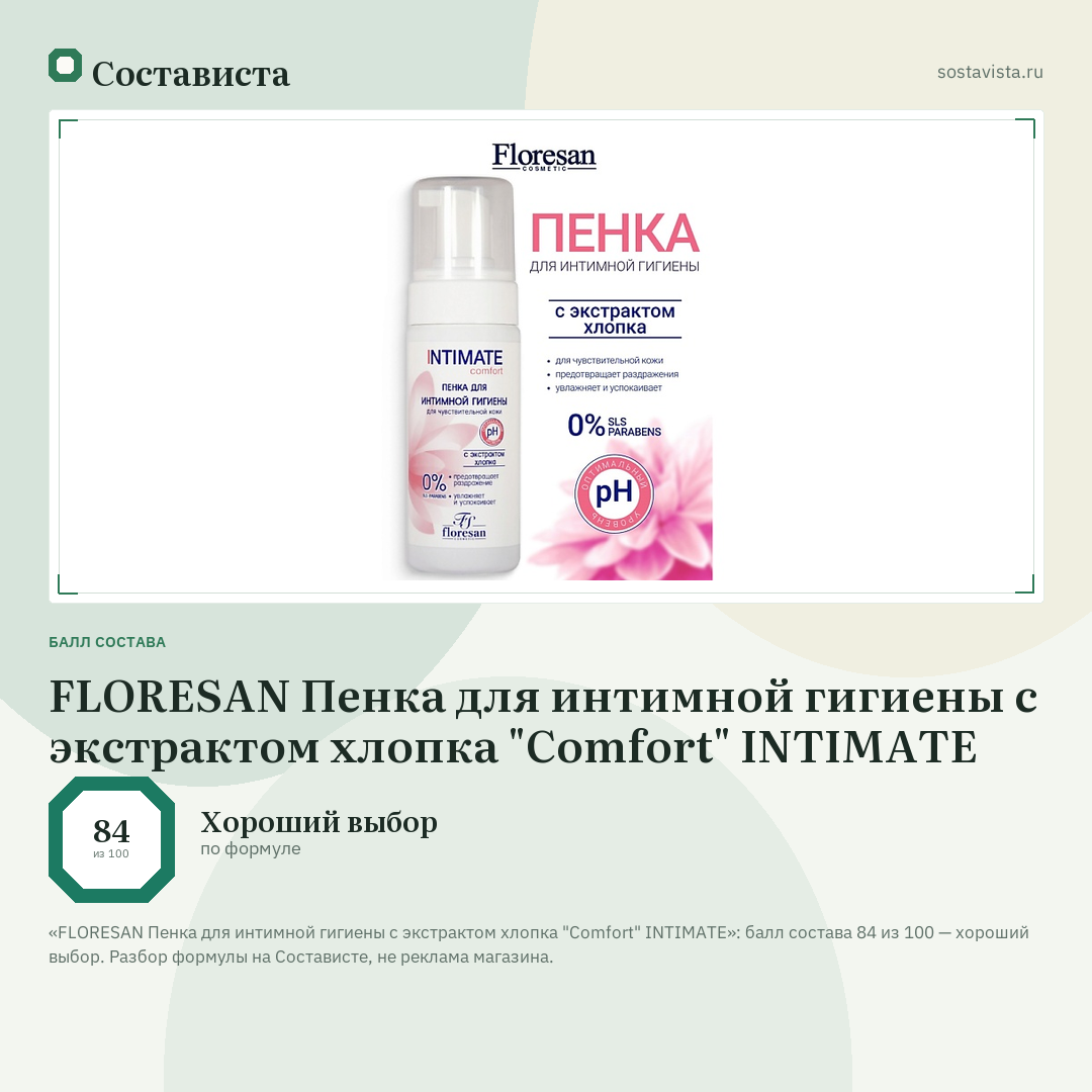 FLORESAN Пенка для интимной гигиены с экстрактом хлопка "Comfort" INTIMATE: балл состава 84 из 100 — Состависта