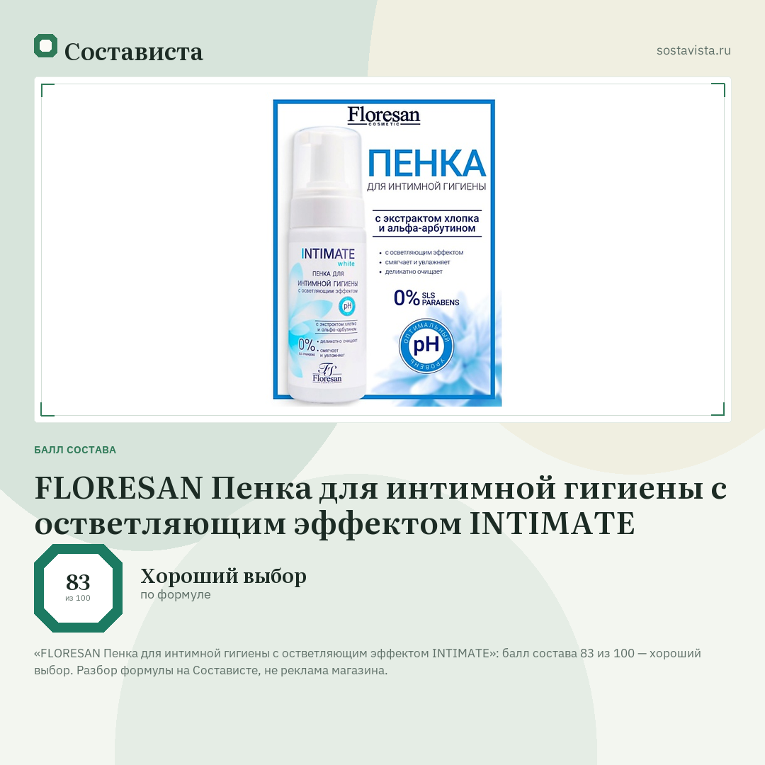 FLORESAN Пенка для интимной гигиены с остветляющим эффектом INTIMATE: балл состава 83 из 100 — Состависта