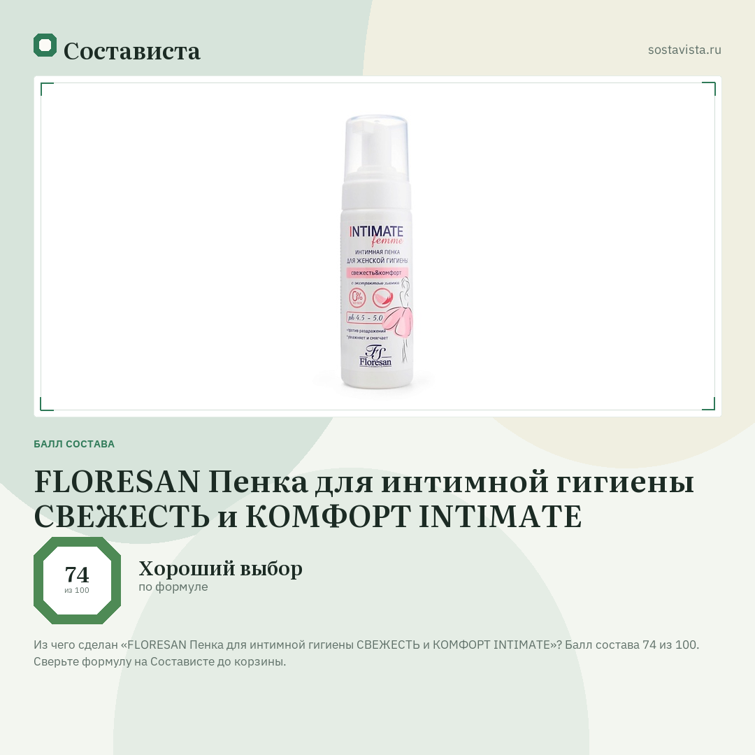 FLORESAN Пенка для интимной гигиены СВЕЖЕСТЬ и КОМФОРТ INTIMATE: балл состава 74 из 100 — Состависта