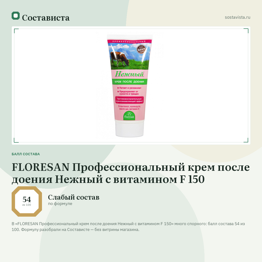FLORESAN Профессиональный крем после доения Нежный с витамином F 150: балл состава 54 из 100 — Состависта