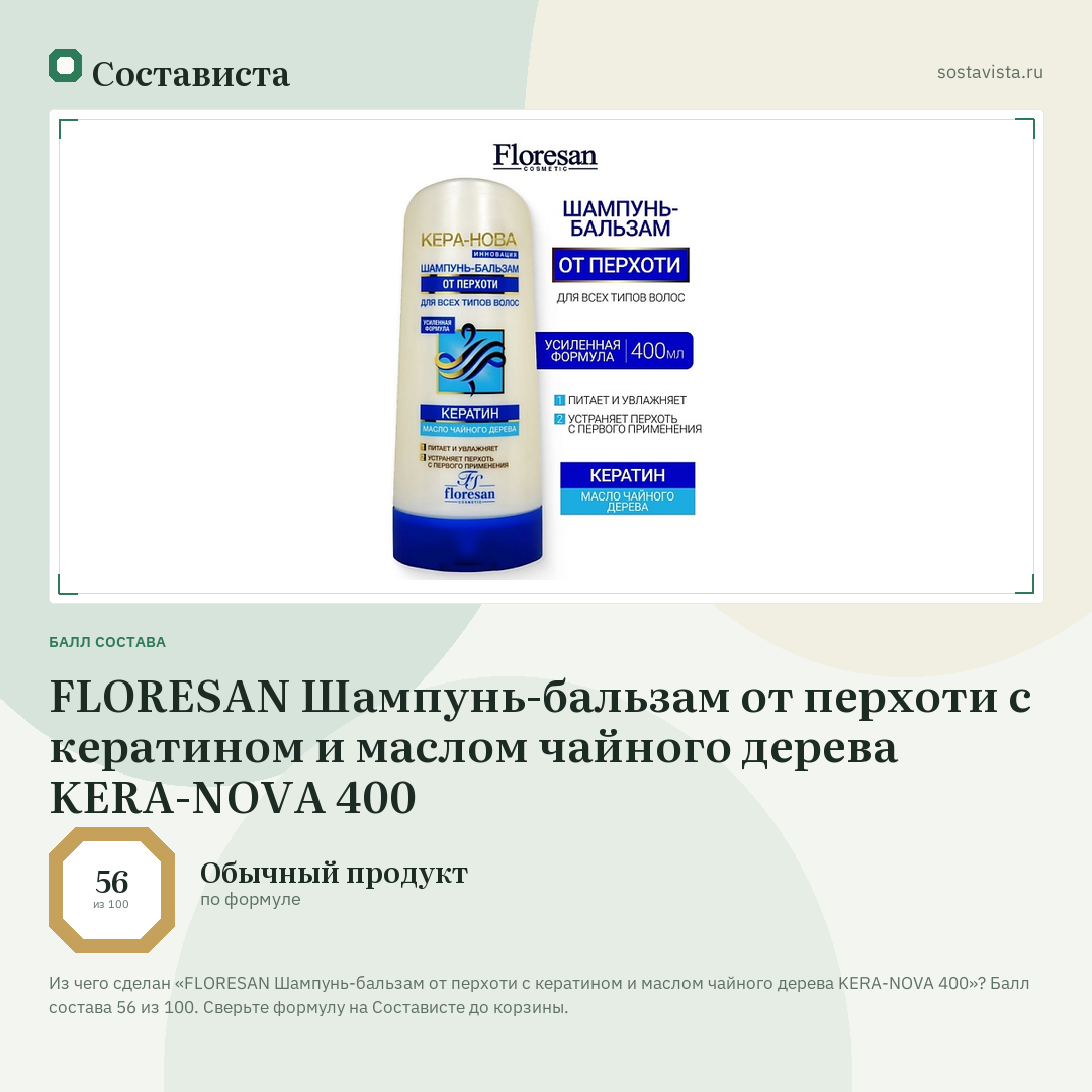 FLORESAN Шампунь-бальзам от перхоти с кератином и маслом чайного дерева KERA-NOVA 400: балл состава 56 из 100 — Состависта