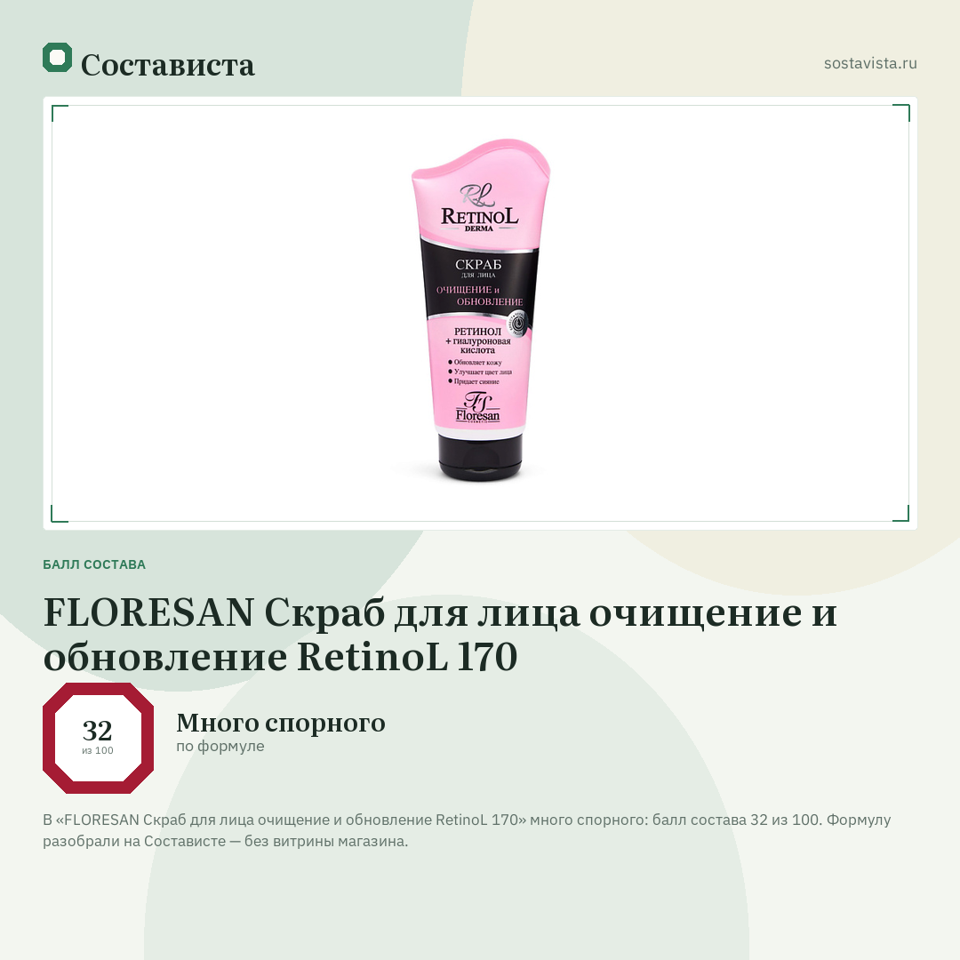 FLORESAN Скраб для лица очищение и обновление RetinoL 170: балл состава 32 из 100 — Состависта