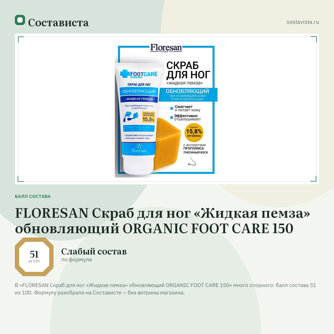 FLORESAN Скраб для ног «Жидкая пемза» обновляющий ORGANIC FOOT CARE 150: балл состава 51 из 100 — Состависта