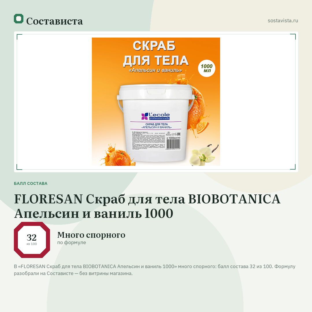 FLORESAN Скраб для тела BIOBOTANICA Апельсин и ваниль 1000: балл состава 32 из 100 — Состависта