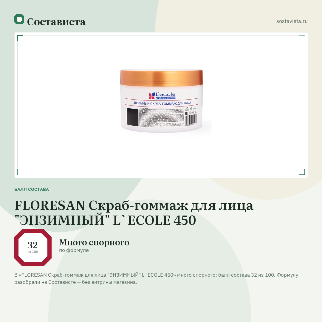 FLORESAN Скраб-гоммаж для лица "ЭНЗИМНЫЙ" L`ECOLE 450: балл состава 32 из 100 — Состависта