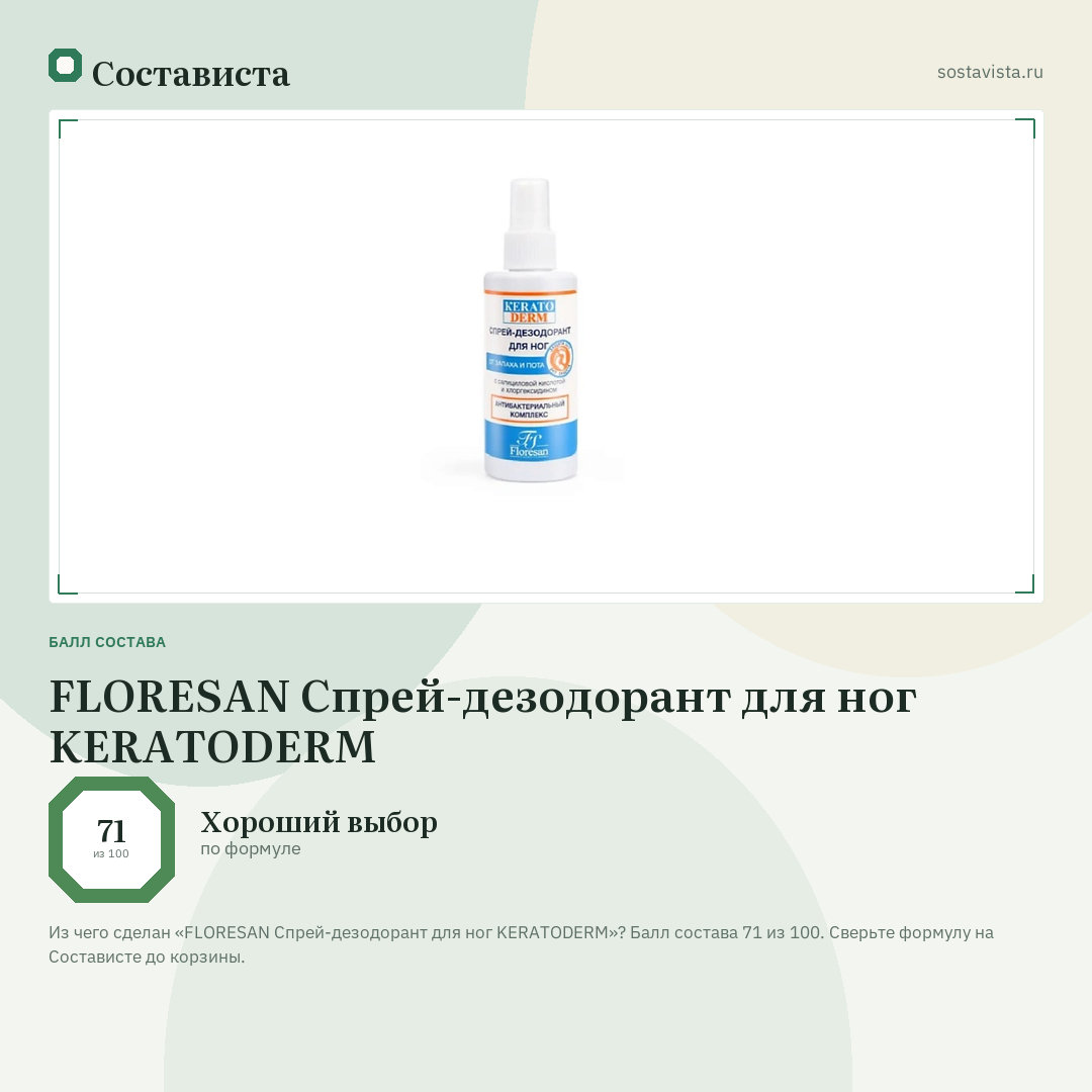 FLORESAN Спрей-дезодорант для ног KERATODERM: балл состава 71 из 100 — Состависта