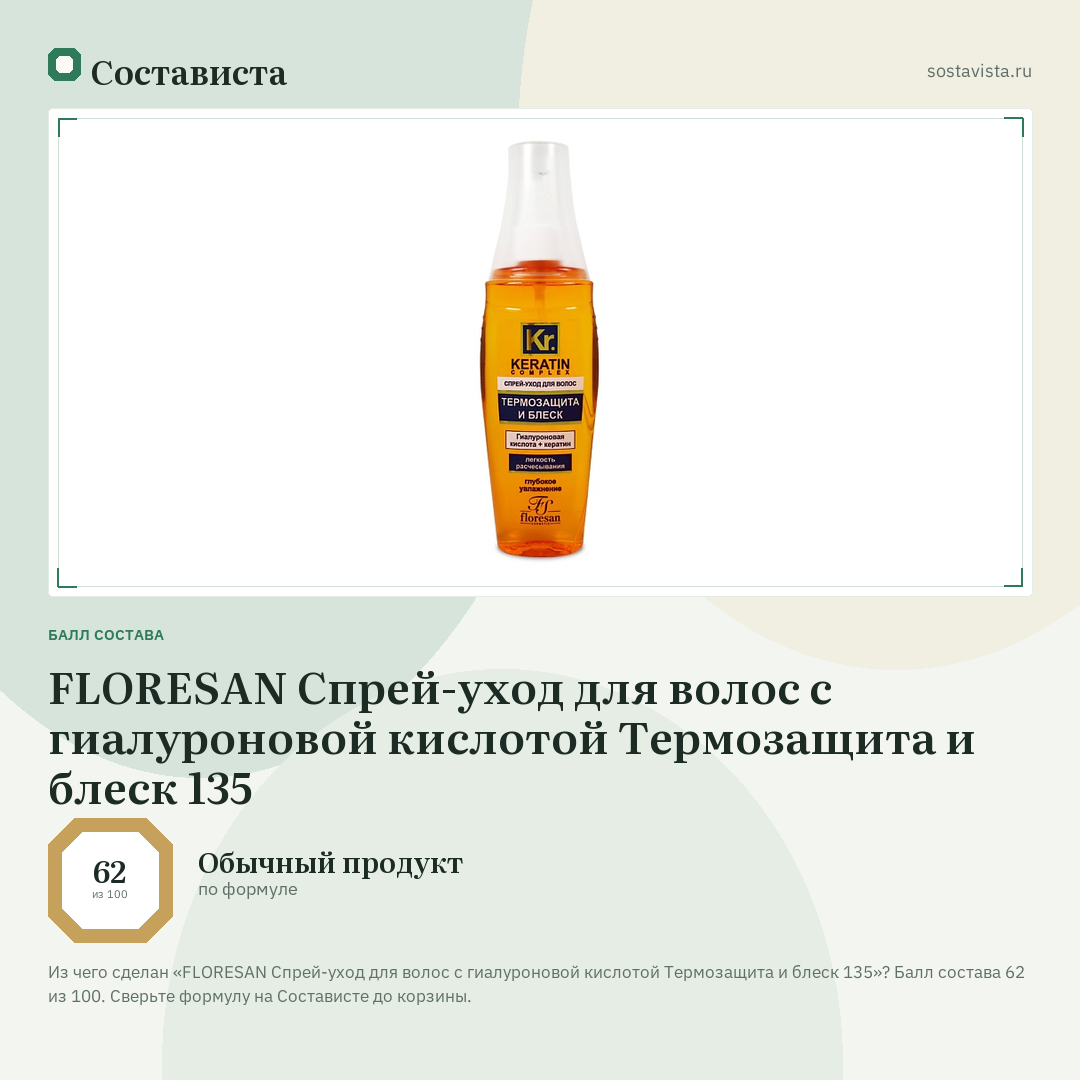 FLORESAN Спрей-уход для волос с гиалуроновой кислотой Термозащита и блеск 135: балл состава 62 из 100 — Состависта