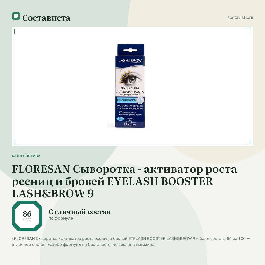 FLORESAN Сыворотка - активатор роста ресниц и бровей EYELASH BOOSTER LASH&BROW 9: балл состава 86 из 100 — Состависта