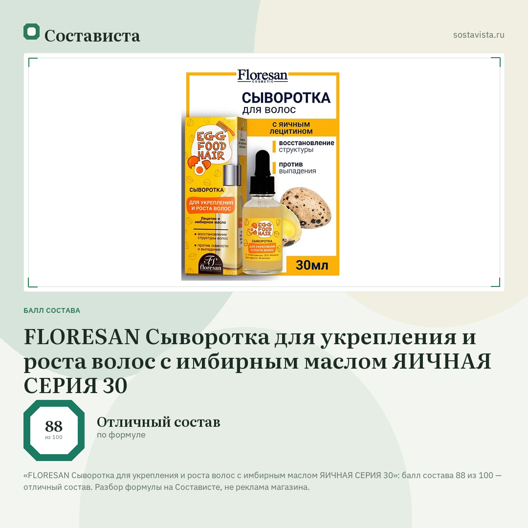 FLORESAN Сыворотка для укрепления и роста волос с имбирным маслом ЯИЧНАЯ СЕРИЯ 30: балл состава 88 из 100 — Состависта