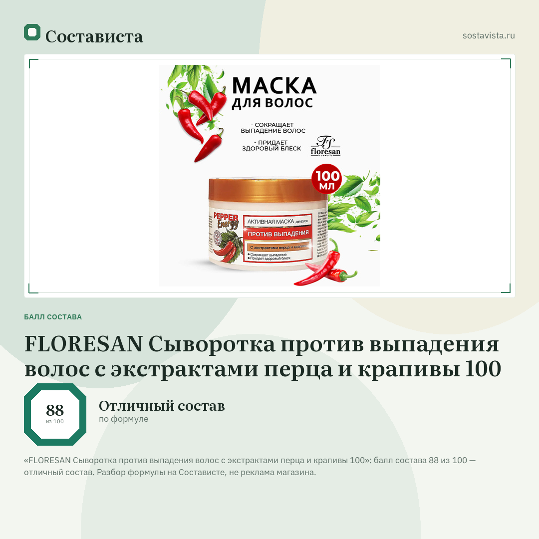 FLORESAN Сыворотка против выпадения волос с экстрактами перца и крапивы 100: балл состава 88 из 100 — Состависта