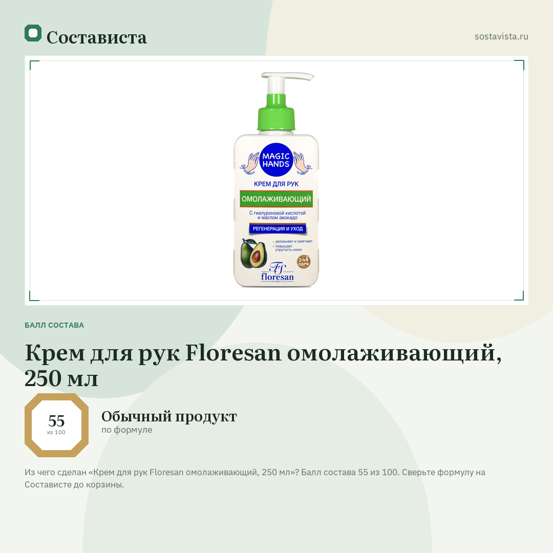 Крем для рук Floresan омолаживающий, 250 мл: балл состава 55 из 100 — Состависта