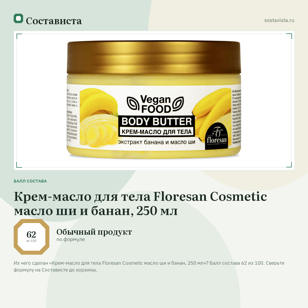 Крем-масло для тела Floresan Cosmetic масло ши и банан, 250 мл: балл состава 62 из 100 — Состависта