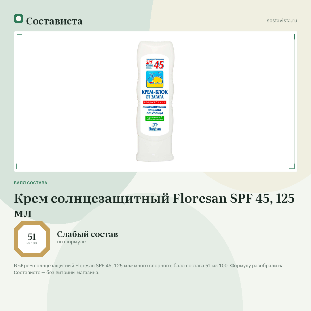 Крем солнцезащитный Floresan SPF 45, 125 мл: балл состава 51 из 100 — Состависта