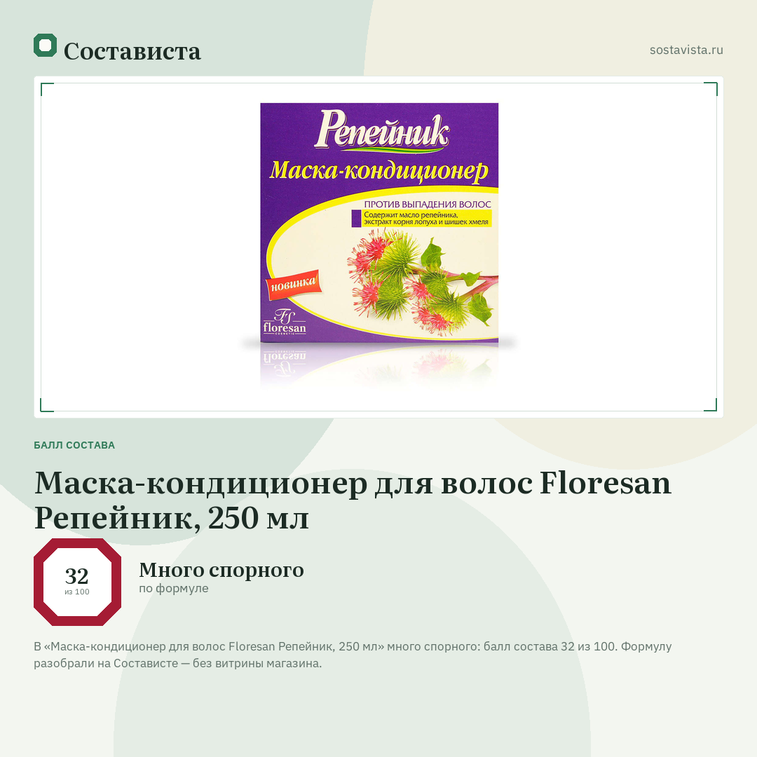 Маска-кондиционер для волос Floresan Репейник, 250 мл: балл состава 32 из 100 — Состависта