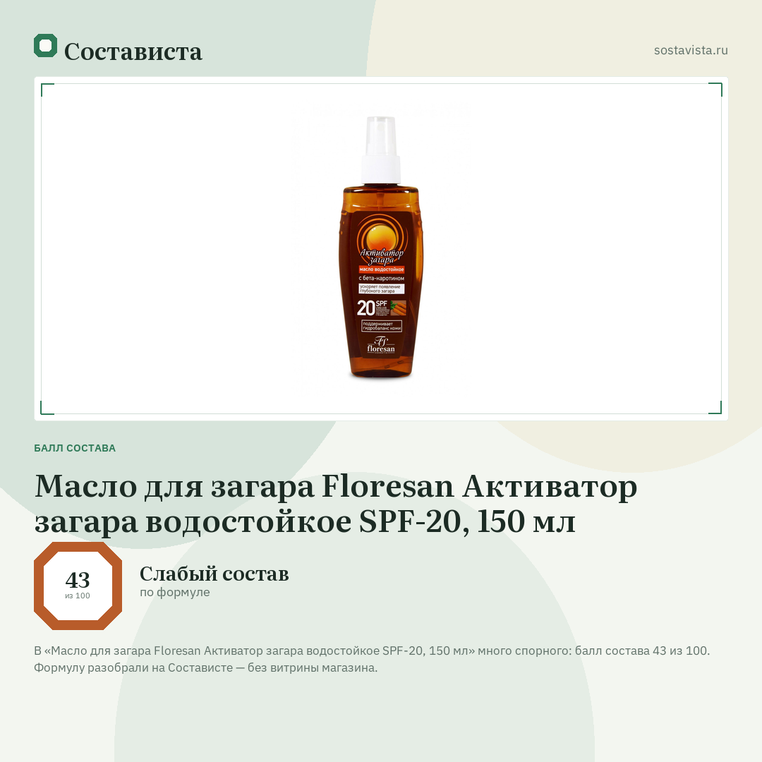 Масло для загара Floresan Активатор загара водостойкое SPF-20, 150 мл: балл состава 43 из 100 — Состависта