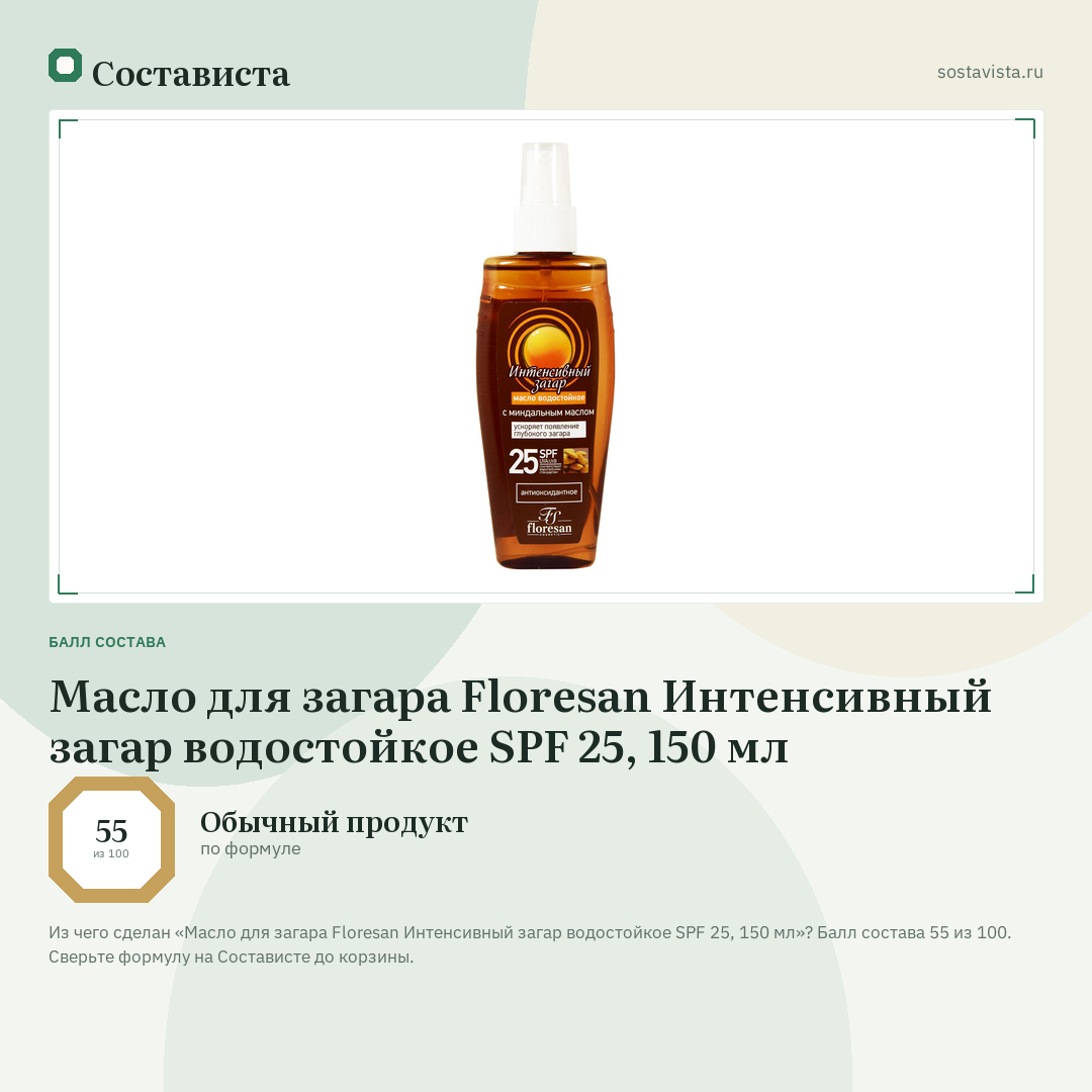 Масло для загара Floresan Интенсивный загар водостойкое SPF 25, 150 мл: балл состава 55 из 100 — Состависта