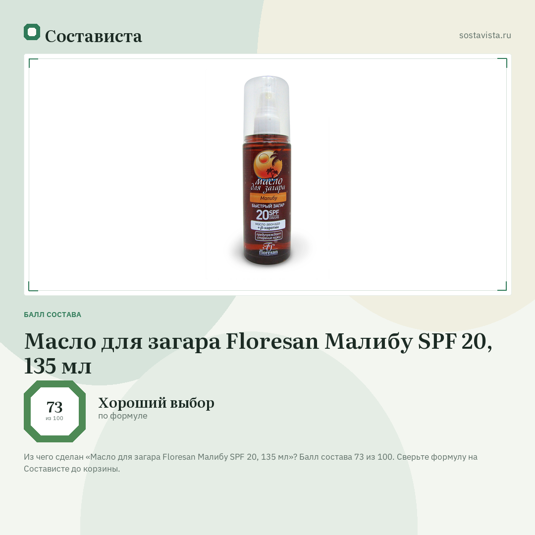 Масло для загара Floresan Малибу SPF 20, 135 мл: балл состава 73 из 100 — Состависта