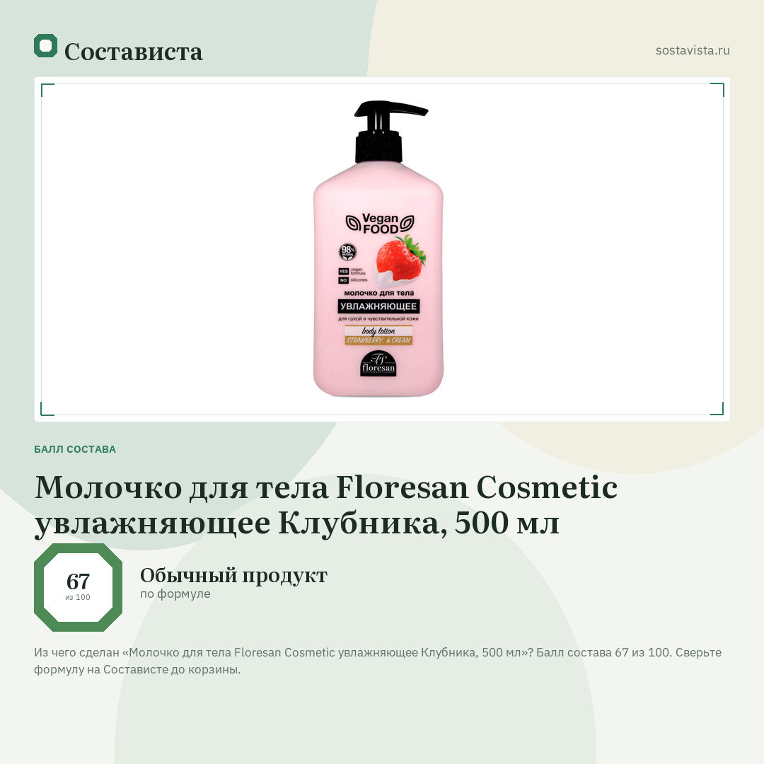Молочко для тела Floresan Cosmetic увлажняющее Клубника, 500 мл: балл состава 67 из 100 — Состависта