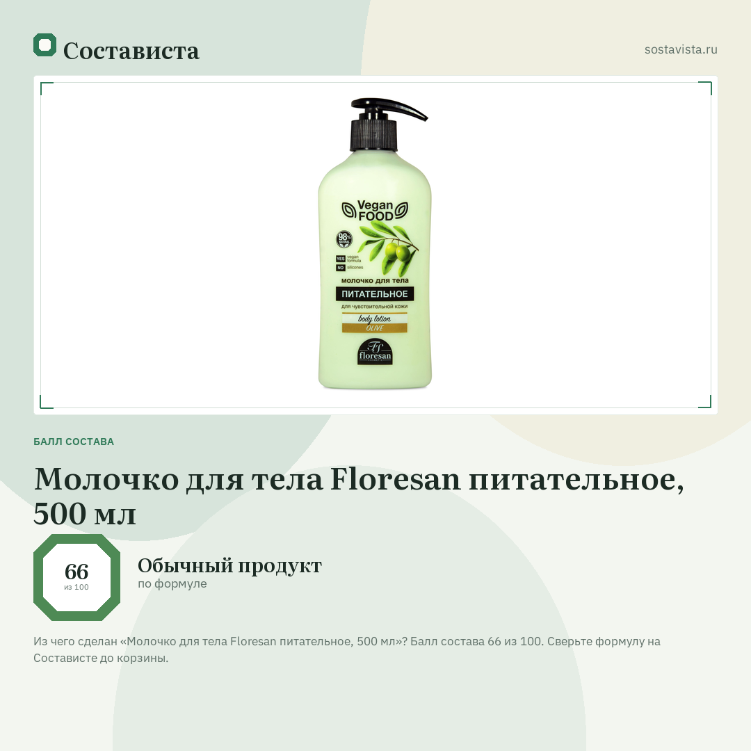 Молочко для тела Floresan питательное, 500 мл: балл состава 66 из 100 — Состависта