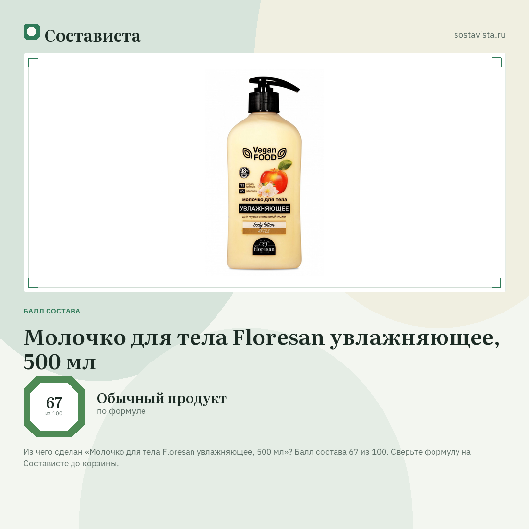 Молочко для тела Floresan увлажняющее, 500 мл: балл состава 67 из 100 — Состависта