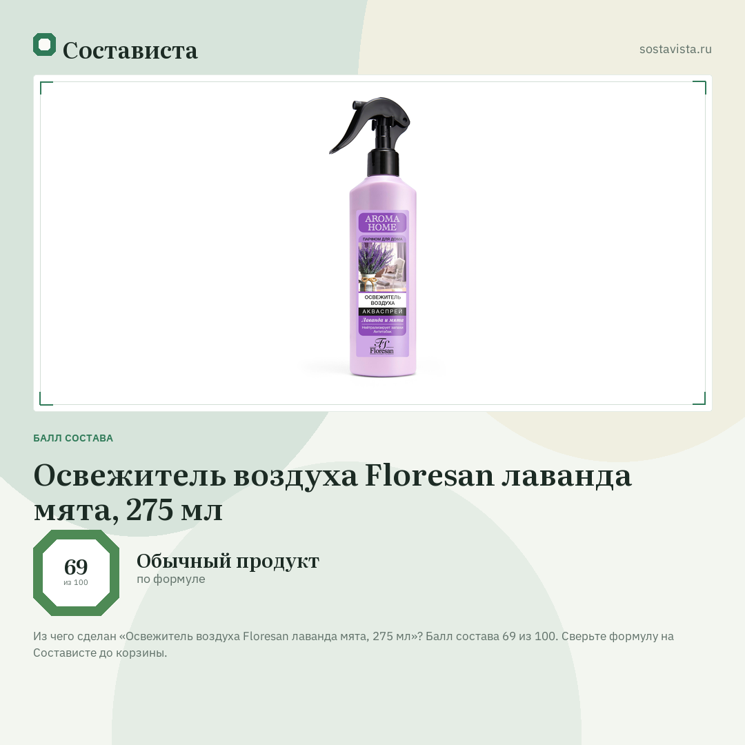 Освежитель воздуха Floresan лаванда мята, 275 мл: балл состава 69 из 100 — Состависта