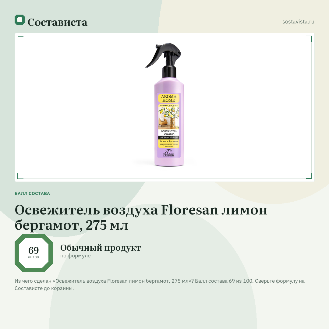 Освежитель воздуха Floresan лимон бергамот, 275 мл: балл состава 69 из 100 — Состависта