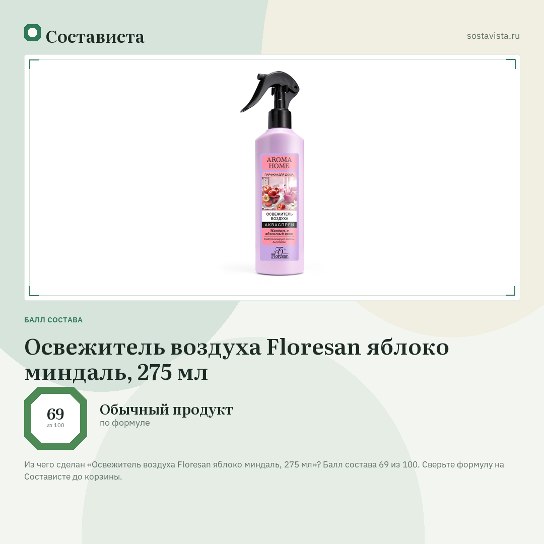 Освежитель воздуха Floresan яблоко миндаль, 275 мл: балл состава 69 из 100 — Состависта