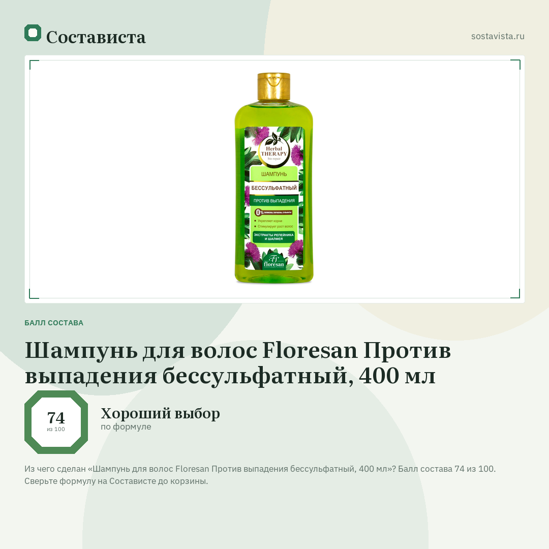 Шампунь для волос Floresan Против выпадения бессульфатный, 400 мл: балл состава 74 из 100 — Состависта
