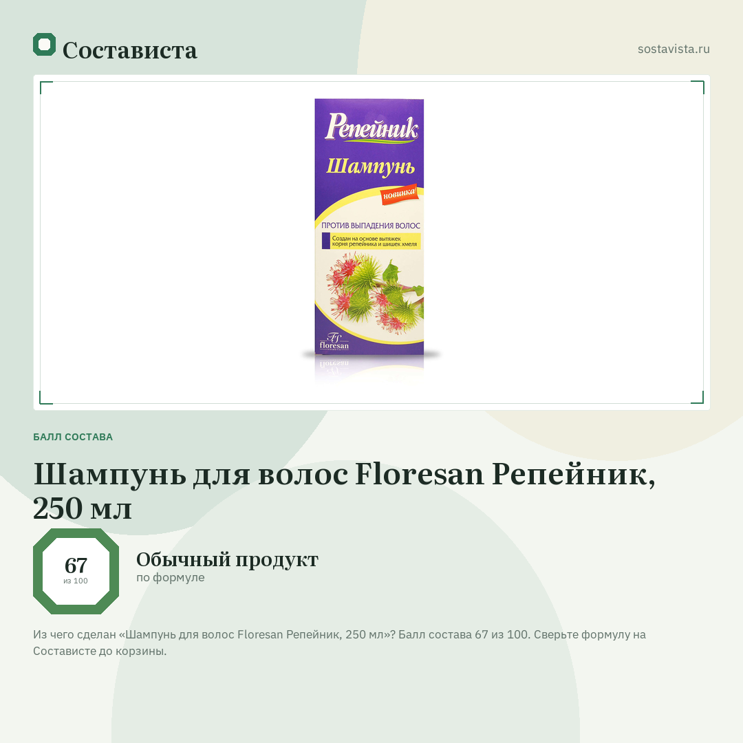 Шампунь для волос Floresan Репейник, 250 мл: балл состава 67 из 100 — Состависта