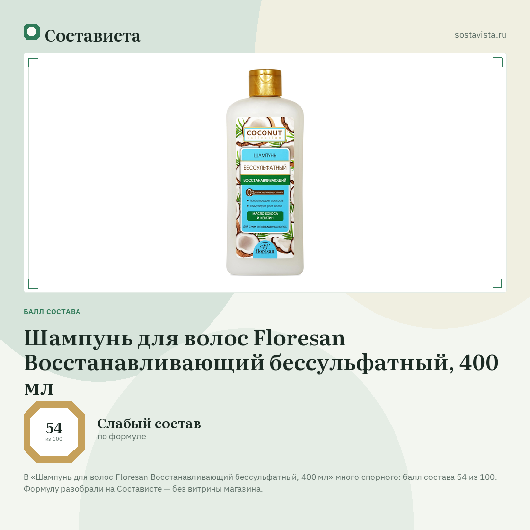 Шампунь для волос Floresan Восстанавливающий бессульфатный, 400 мл: балл состава 54 из 100 — Состависта
