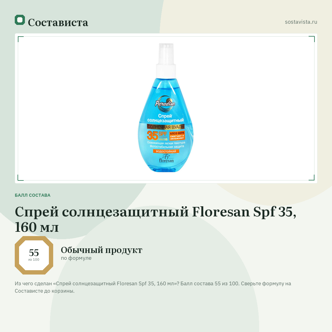Спрей солнцезащитный Floresan Spf 35, 160 мл: балл состава 55 из 100 — Состависта