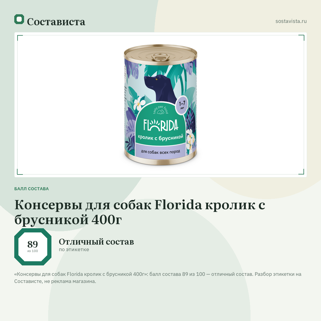 Консервы для собак Florida кролик с брусникой 400г: балл состава 89 из 100 — Состависта