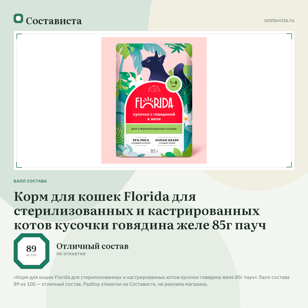 Корм для кошек Florida для стерилизованных и кастрированных котов кусочки говядина желе 85г пауч: балл состава 89 из 100 — Состависта