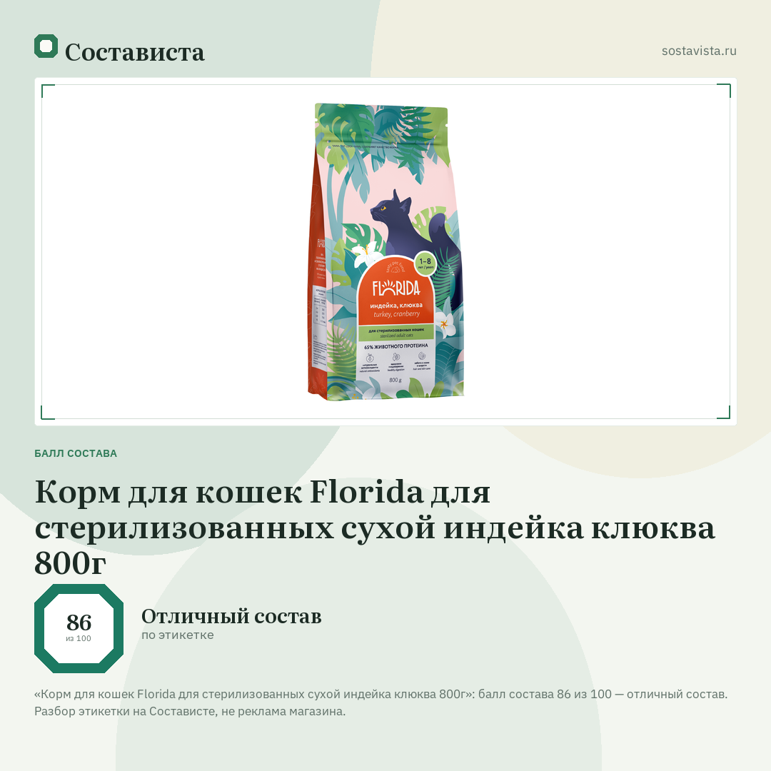 Корм для кошек Florida для стерилизованных сухой индейка клюква 800г: балл состава 86 из 100 — Состависта