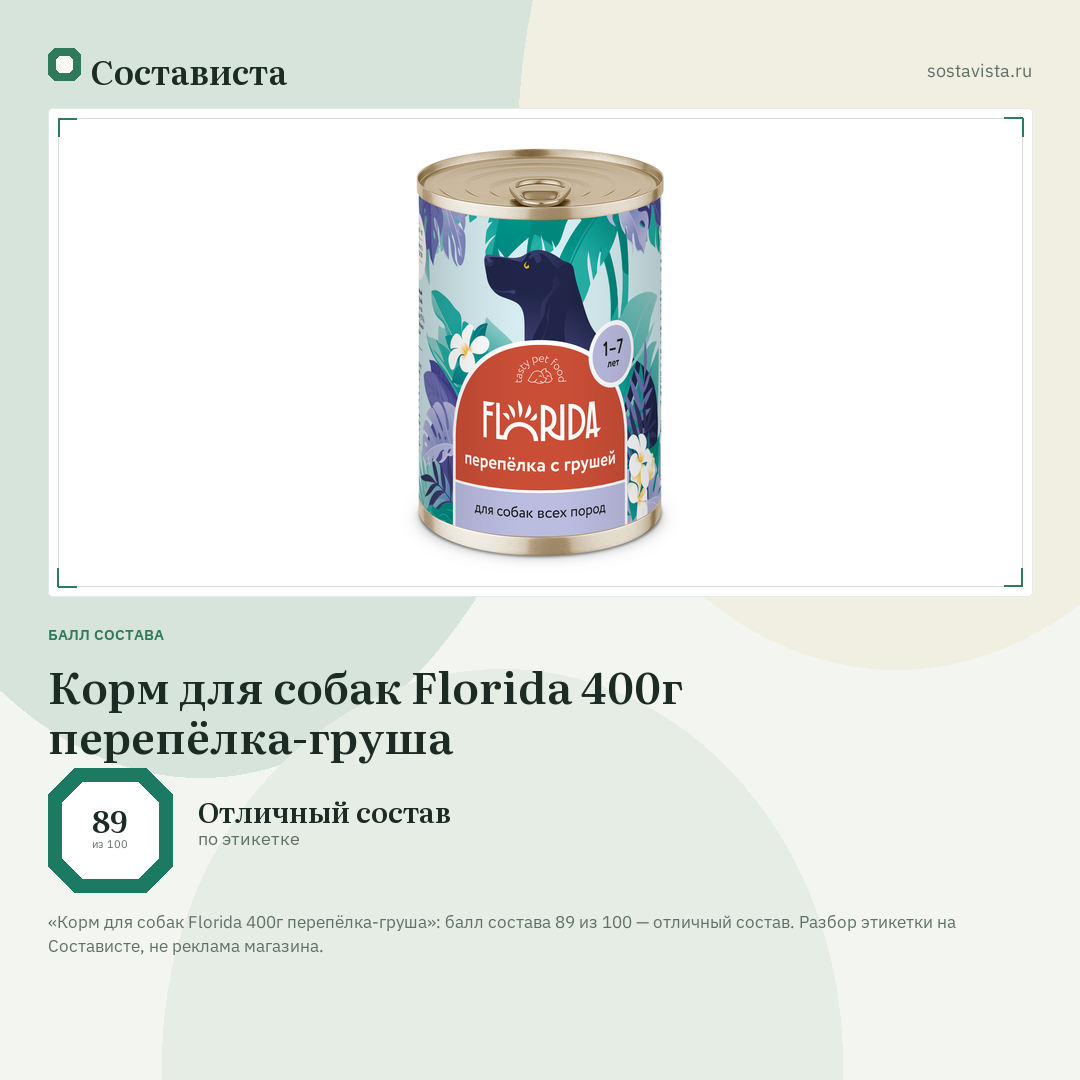 Корм для собак Florida 400г перепёлка-груша: балл состава 89 из 100 — Состависта