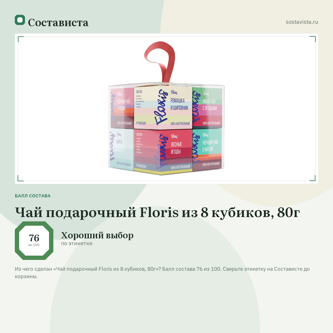 Чай подарочный Floris из 8 кубиков, 80г: балл состава 76 из 100 — Состависта