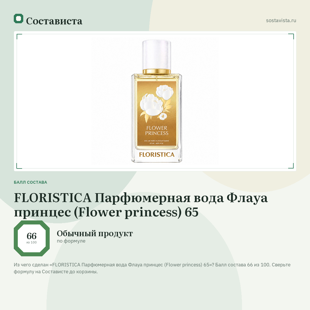 FLORISTICA Парфюмерная вода Флауа принцес (Flower princess) 65: балл состава 66 из 100 — Состависта