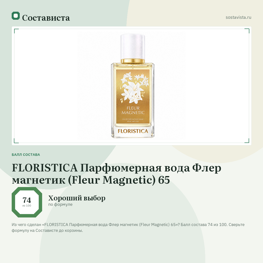 FLORISTICA Парфюмерная вода Флер магнетик (Flеur Magnetic) 65: балл состава 74 из 100 — Состависта