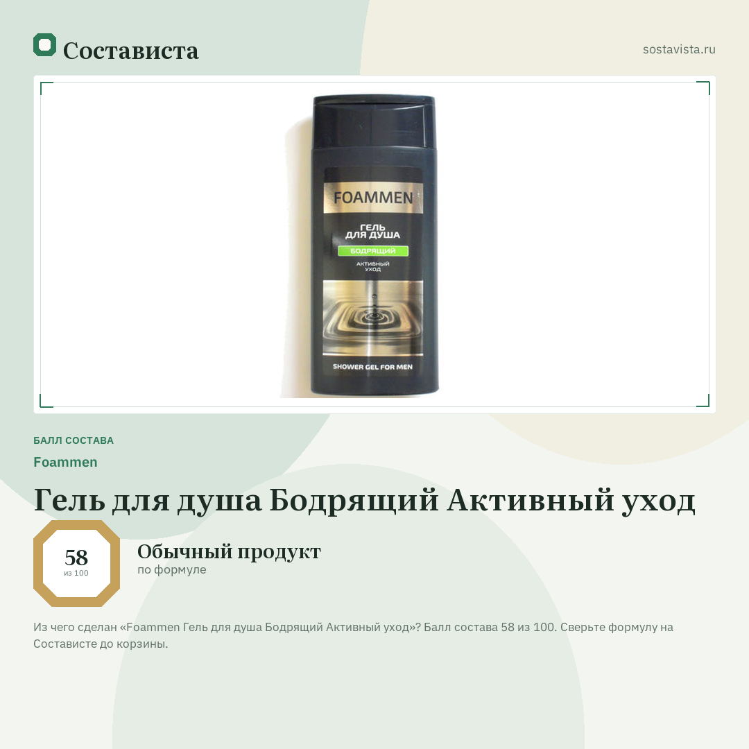Foammen Гель для душа Бодрящий Активный уход: балл состава 58 из 100 — Состависта