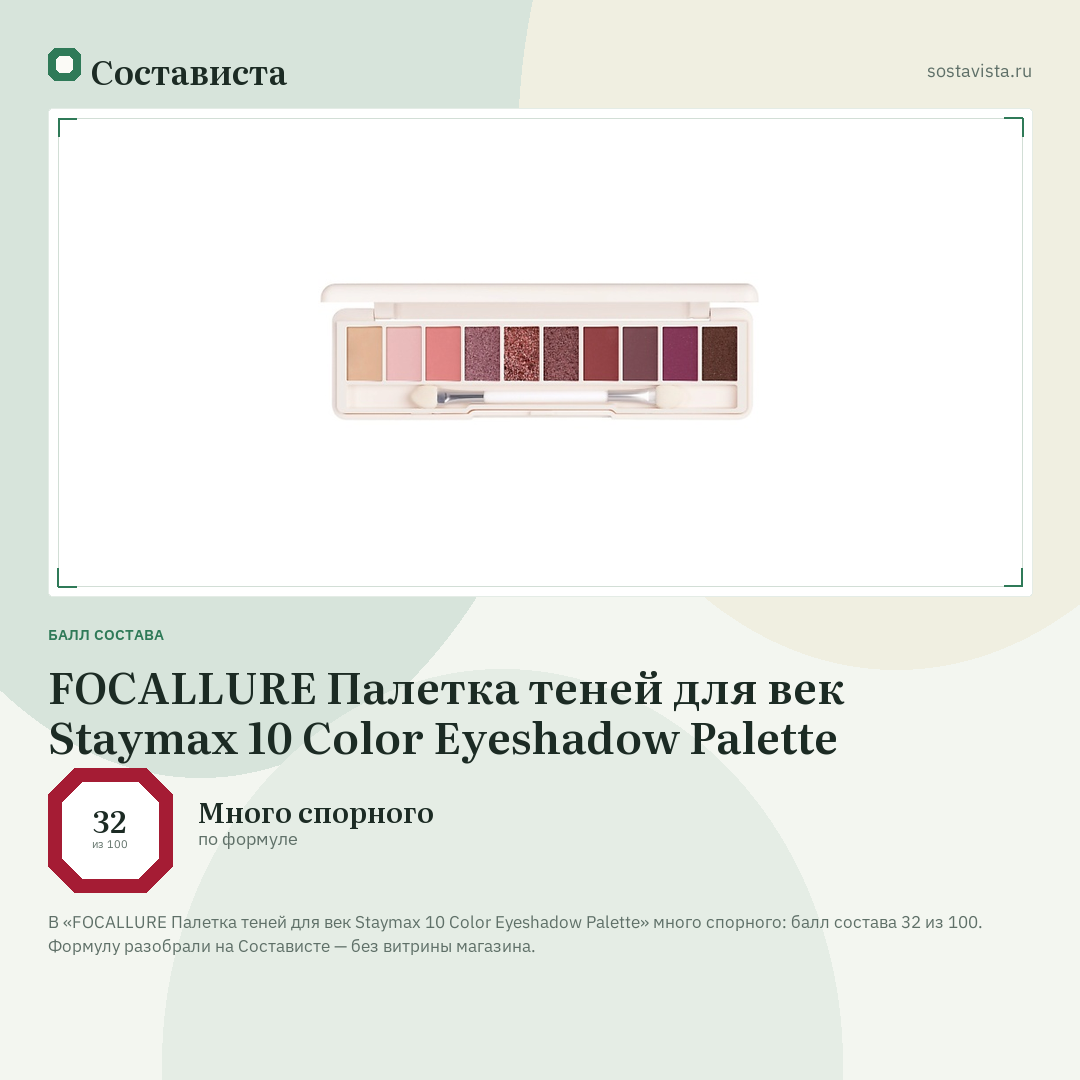 FOCALLURE Палетка теней для век Staymax 10 Color Eyeshadow Palette: балл состава 32 из 100 — Состависта