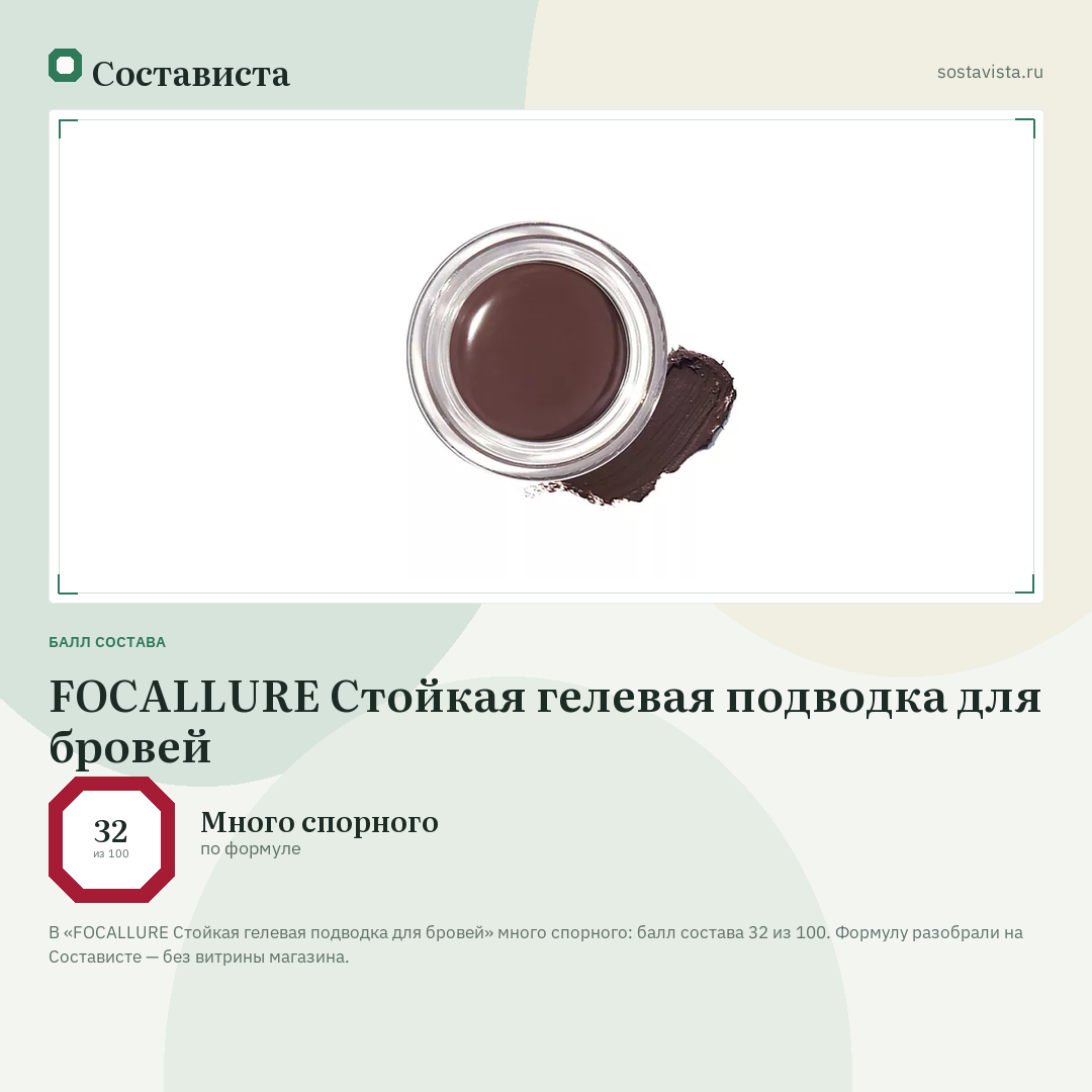 FOCALLURE Стойкая гелевая подводка для бровей: балл состава 32 из 100 — Состависта
