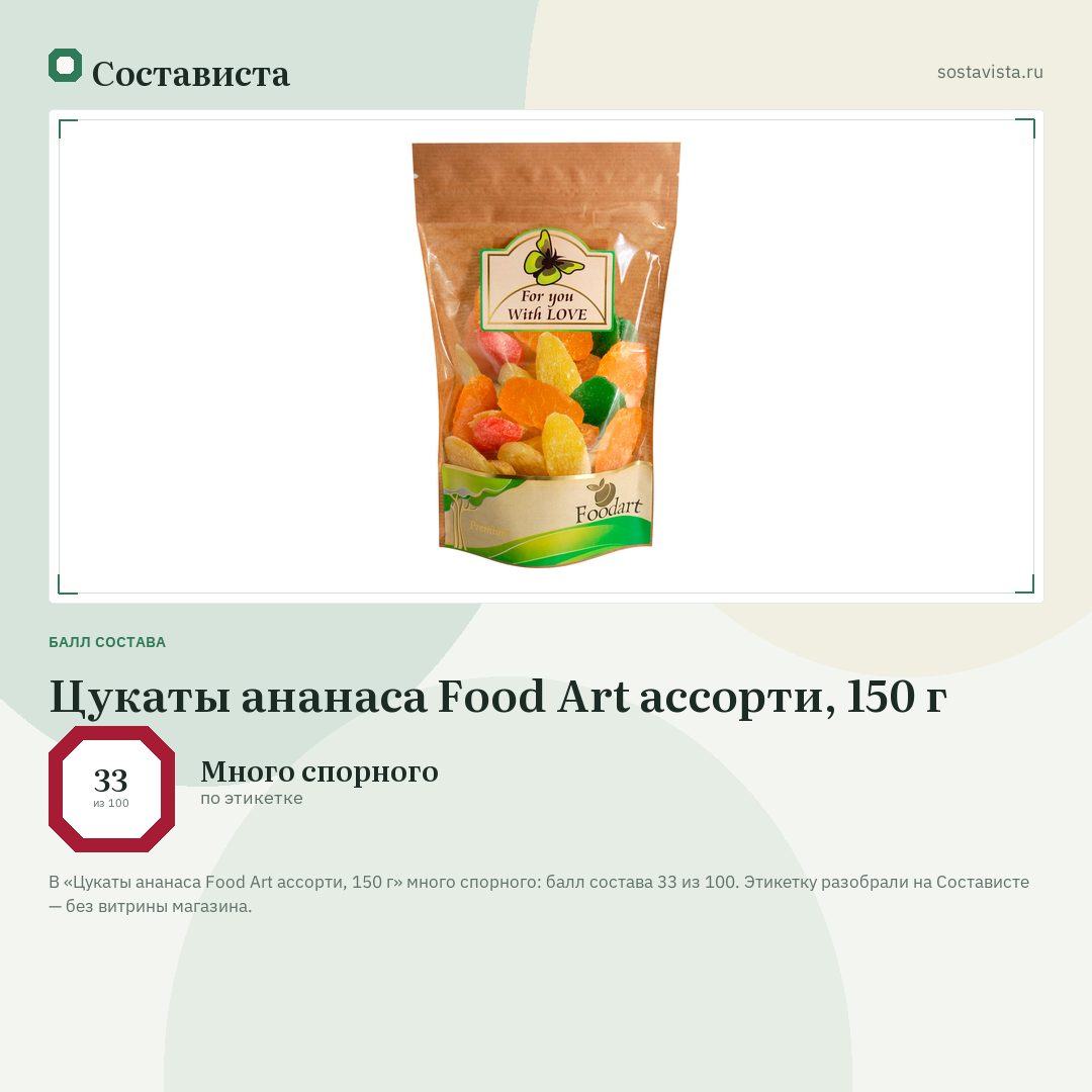 Цукаты ананаса Food Art ассорти, 150 г: балл состава 33 из 100 — Состависта