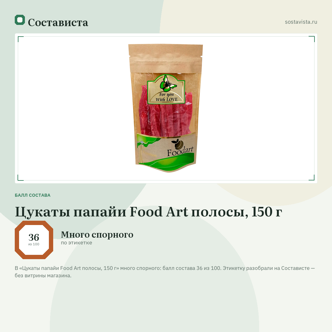 Цукаты папайи Food Art полосы, 150 г: балл состава 36 из 100 — Состависта