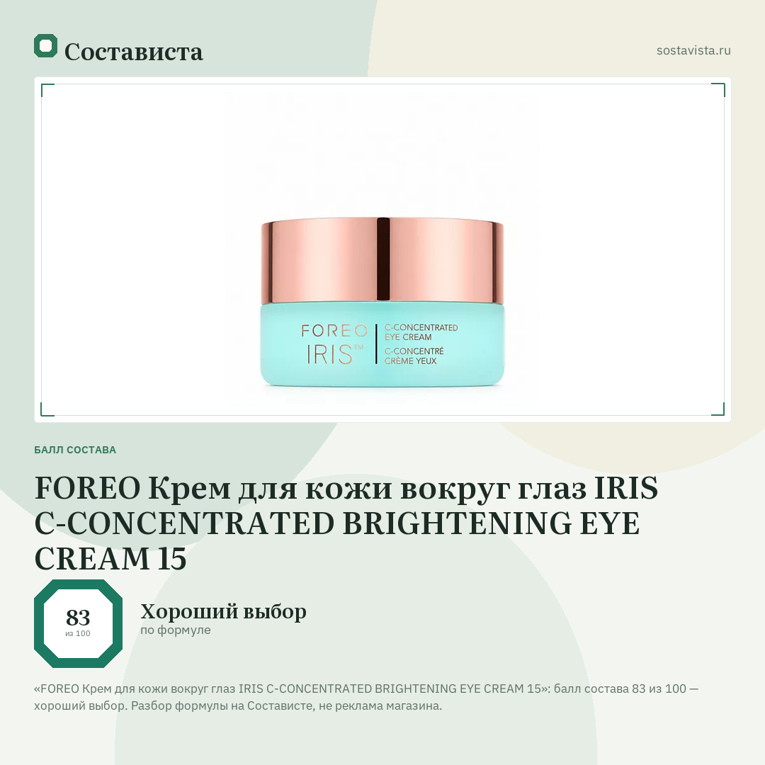 FOREO Крем для кожи вокруг глаз IRIS C-CONCENTRATED BRIGHTENING EYE CREAM 15: балл состава 83 из 100 — Состависта