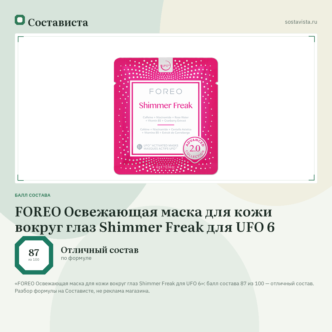 FOREO Освежающая маска для кожи вокруг глаз Shimmer Freak для UFO 6: балл состава 87 из 100 — Состависта