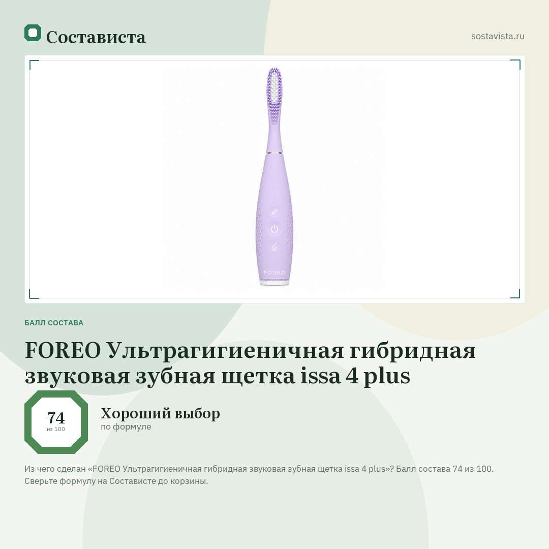 FOREO Ультрагигиеничная гибридная звуковая зубная щетка issa 4 plus: балл состава 74 из 100 — Состависта