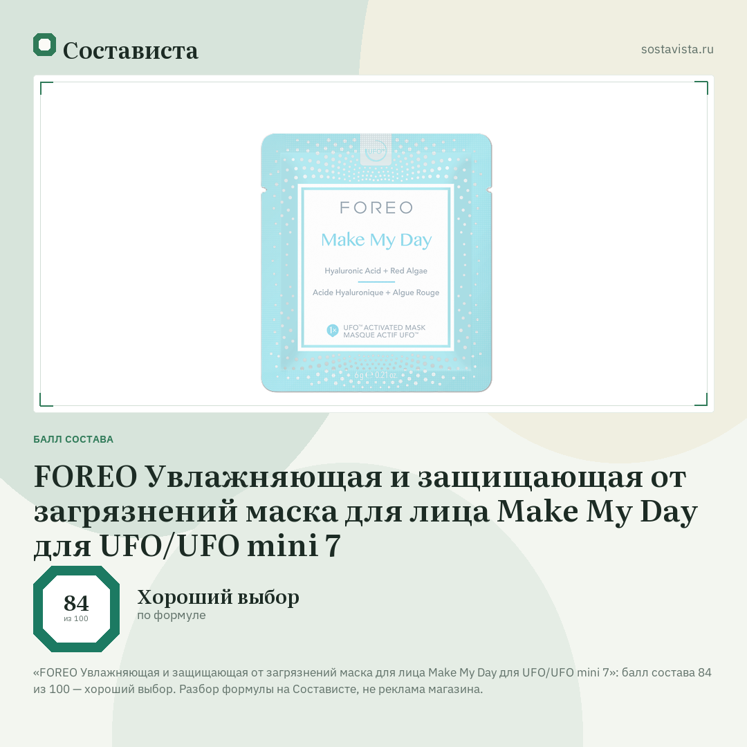 FOREO Увлажняющая и защищающая от загрязнений маска для лица Make My Day для UFO/UFO mini 7: балл состава 84 из 100 — Состависта