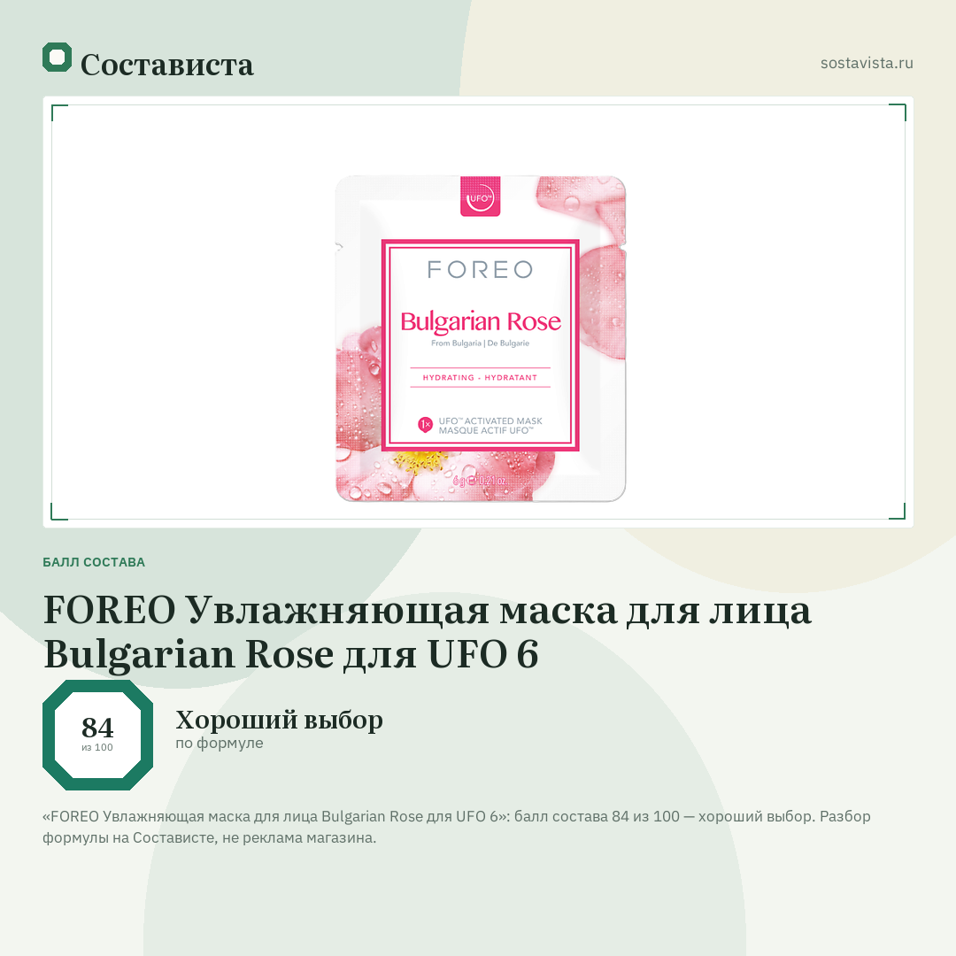 FOREO Увлажняющая маска для лица Bulgarian Rose для UFO 6: балл состава 84 из 100 — Состависта
