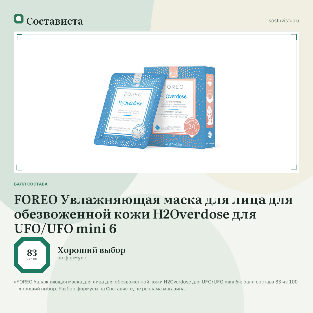 FOREO Увлажняющая маска для лица для обезвоженной кожи H2Overdose для UFO/UFO mini 6: балл состава 83 из 100 — Состависта